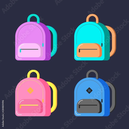 Coloreв back to school backpack. Education and study schoolbag luggage, rucksack vector illustration. Kids school bag with education equipment. vector illustration. web banner, flyer, poster, clip art
