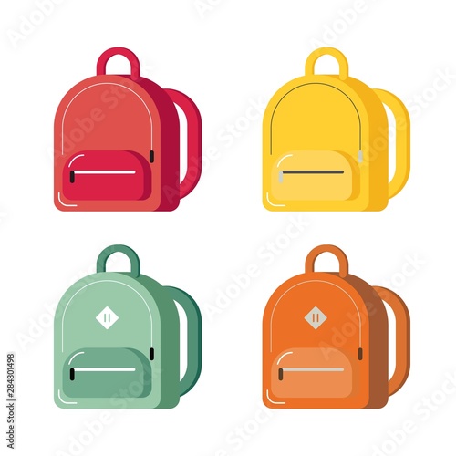 Coloreв back to school backpack. Education and study schoolbag luggage, rucksack vector illustration. Kids school bag with education equipment. vector illustration. web banner, flyer, poster, clip art
