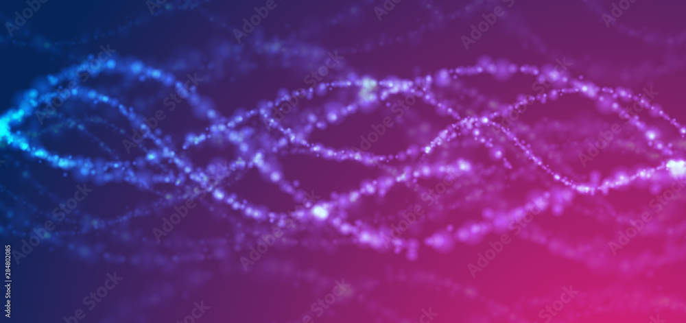 Blue and purple concept shiny DNA abstract background. Neon sparkling tech graphic design. Vector illustration