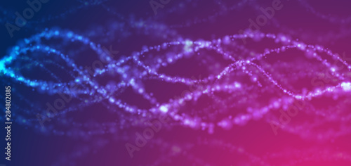 Blue and purple concept shiny DNA abstract background. Neon sparkling tech graphic design. Vector illustration