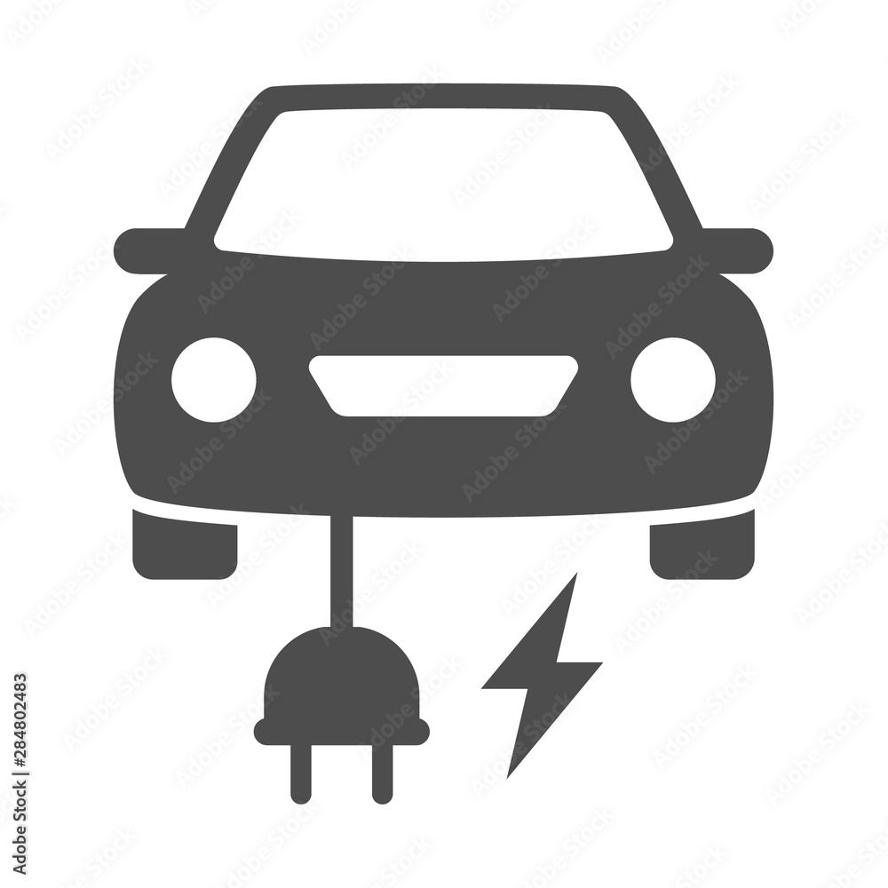 electric eco car with electric plug icon isolated on white background. electric eco car flat icon for web, mobile and user interface design. electric ecological transport comcept