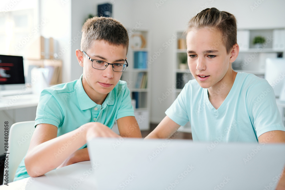 Two schoolboys discussing online data on laptop display at lesson Two schoolboys discussing online data on laptop display at lesson