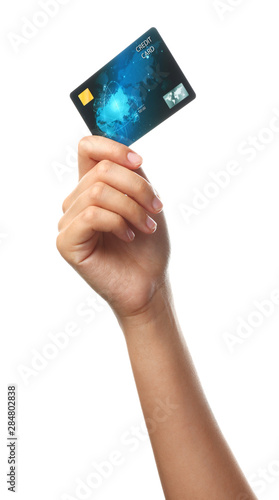 Female hand with credit card on white background