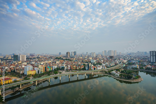 Aerial skyline view of Hanoi city, Vietnam. Hanoi cityscape by sunset period at Hoang Cau lake, Dong Da district