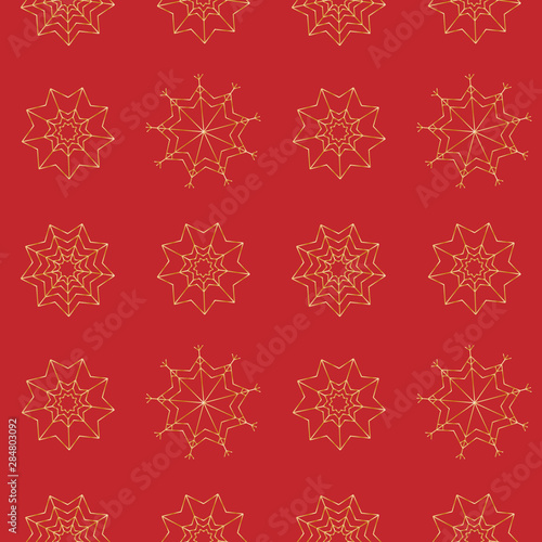 New year and Christmas seamless pattern. Gold snowflakes at the red background. Vector illustration usable for wrapping paper  posters  invitations  greeting cards  banners 