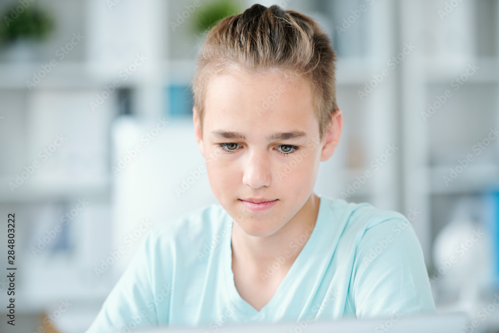 Cute middle school boy concentrating on individual work at school Cute middle school boy concentrating on individual work at school