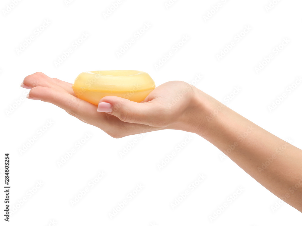 Female hand with soap on white background Female hand with soap on white background