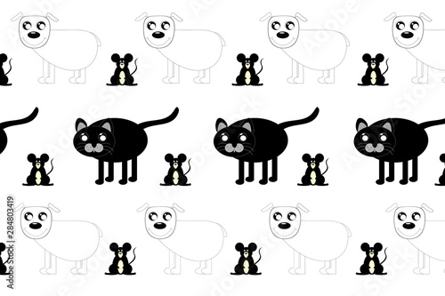 Fototapeta Naklejka Na Ścianę i Meble -  Black and white kawaii illustration. Dog, cat and mouse in a repeating seamless pattern.