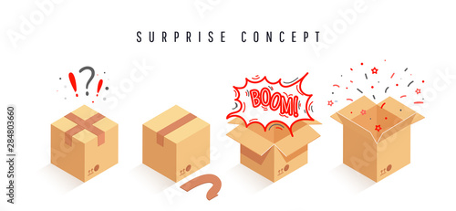 Isometric packaging surprise paper boxes set for packaging of goods. Parcel delivery