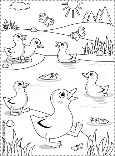 Spring or summer joy themed coloring page with ducklings at the pond.