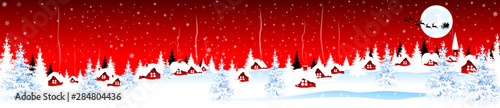 Little village on Christmas Eve 1. Little village on Christmas Eve on red background. Snow-covered village. Night scene of winter rural landscape on Christmas Eve