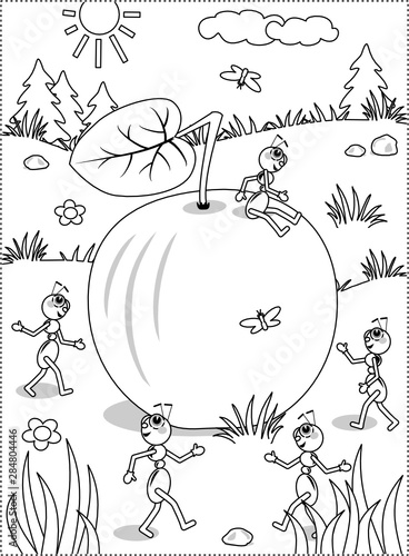 Summer or autumn joy themed coloring page with ripe apple lying on the ground and five busy ants planning what to do with it.