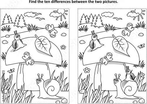 Find the ten differences picture puzzle and coloring page with big yummy mushroom and mom and kids snails