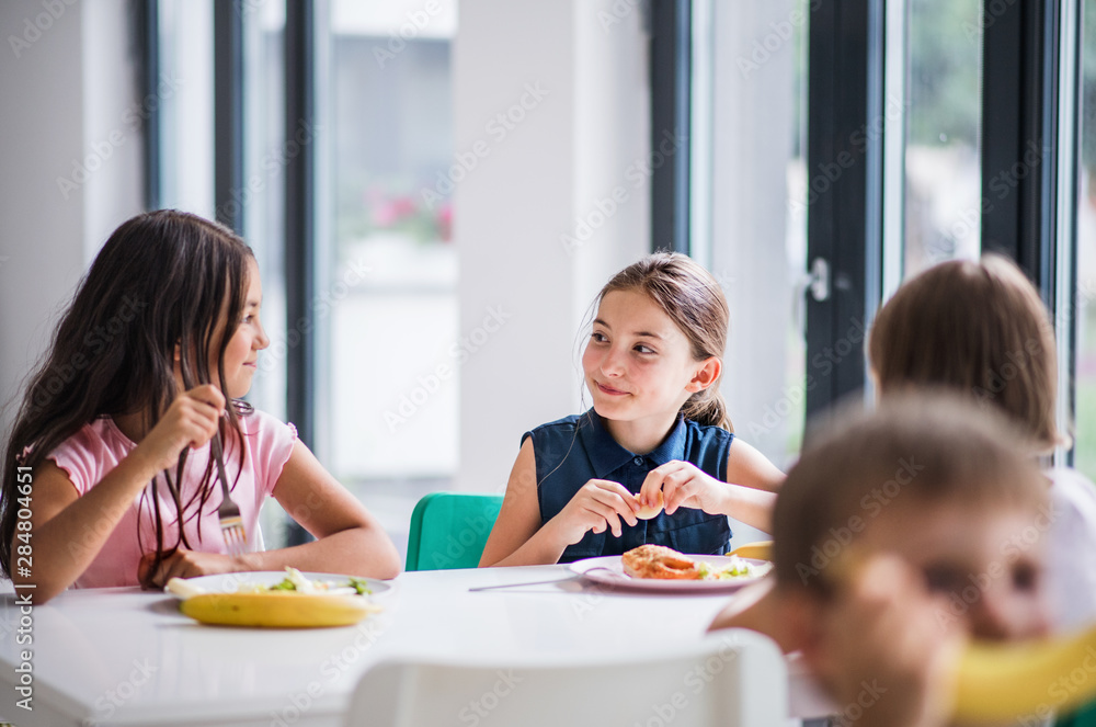 A group of cheerful small school kids in canteen, eating lunch. Stock Photo