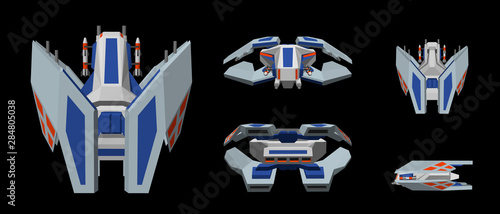 Futuristic spaceship. Isolated on black background. 3d Vector illustration.