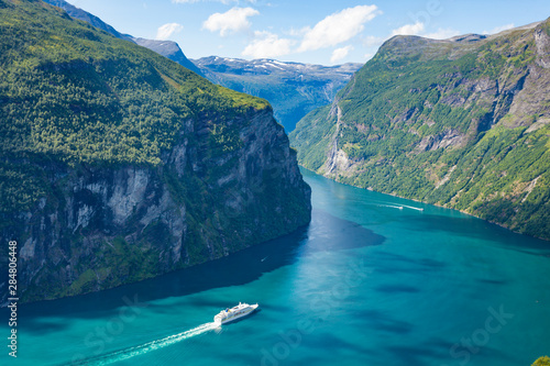 Fjord Geirangerfjord with cruise ship, Norway. photo