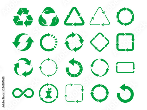 Big recycle sign set. Green recycle icon set on white background. 20 different recycling symbols. Eco friendly, zero waste, concept. Nature cycle arrows set. Vector illustration,flat style, clip art.  photo