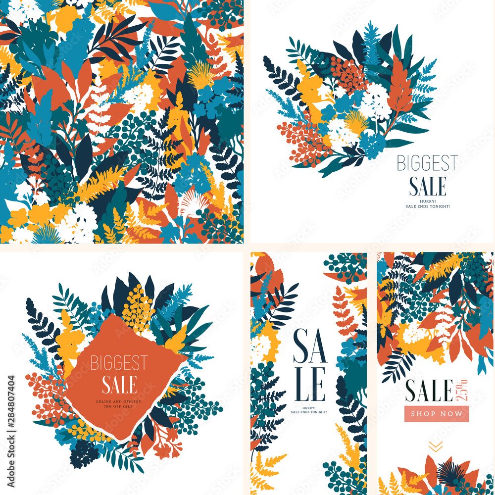 Various flowers bouquet design collection. Collage style. Seamless pattern, cards, vertical banners. Summer sale. Vector illustration Various flowers bouquet design collection. Collage style. Seamless pattern, cards, vertical banners. Summer sale. Vector illustration