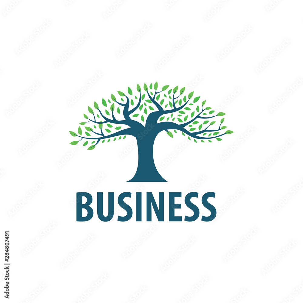 Obraz premium Circle tree logo isolated on a white background. Classic design. Green and brown colors. Lettering. Space for text. Leaves and roots. Simple modern concept. Flat style vector illustration.
