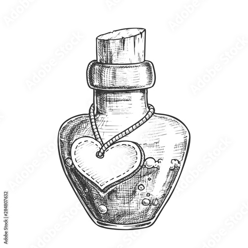 Potion Bottle With Blank Heart Form Label Vector. Glass Bottle With Love Mixture. Bubbled Liquid In Flask With Cork Cap Template Hand Drawn In Vintage Style Monochrome Illustration