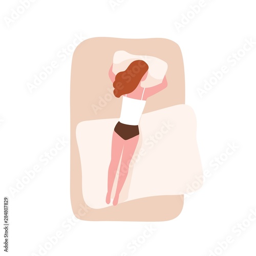 Cute funny woman sleeping on her stomach and embracing pillow. Female character falling asleep at home. Young girl lying on comfortable bed. Top view. Flat cartoon colorful vector illustration.