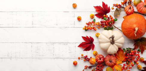 Festive autumn decor from pumpkins, berries and leaves on a white  wooden background. Concept of Thanksgiving day or Halloween. Flat lay autumn composition with copy space.