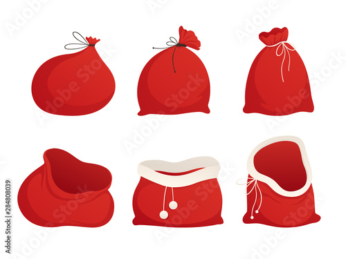 Set red sacks of Santa. Tied up and empty. Vector illustration. Isolated on white background
