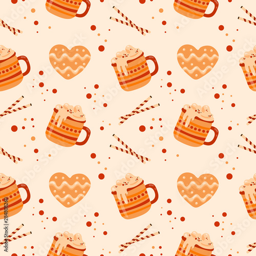 Seamless pattern with mugs of cacao and whipped cream, gingersnaps. Menu design, shop wrapping paper.