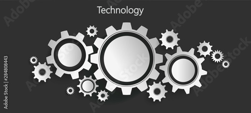Working mechanism, mechanism of watch, system of industry, technology, abstract technology on black background with gear icons