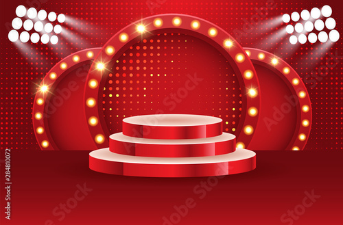 Sports winner empty podium illuminated by searchlights vector illustration. Stage empty with floodlight illuminated. Vector illustration
