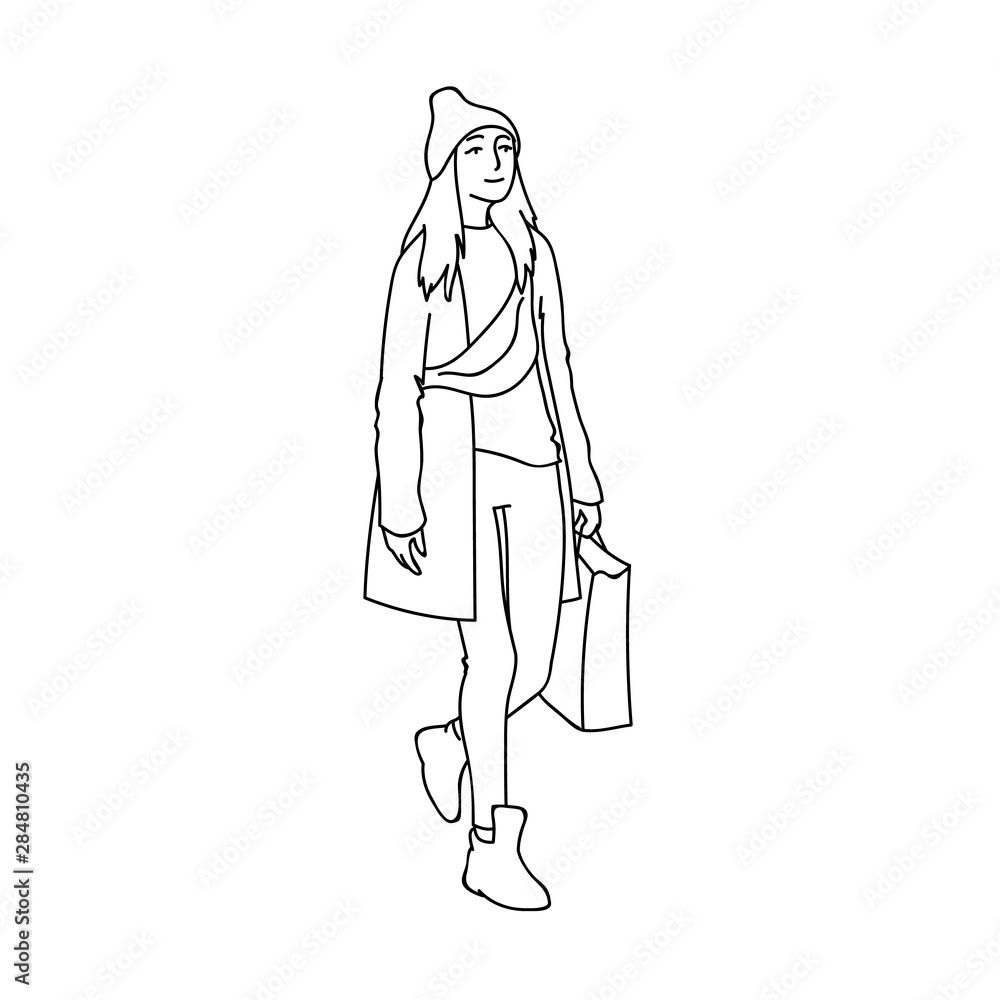 Cute girl with long hair in beanie hat, cloak and sneakers walking. Black lines on white background. Vector illustration of modern woman with bum bag and shopping package in simple line art style.