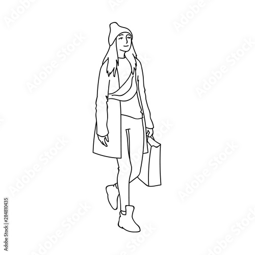 Cute girl with long hair in beanie hat, cloak and sneakers walking. Black lines on white background. Vector illustration of modern woman with bum bag and shopping package in simple line art style.