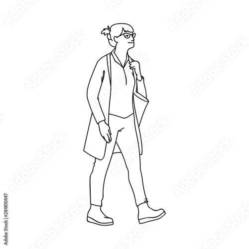 Adult woman in grasses and cardigan takes a walk. Concept. Vector illustration of walking woman with tote bag. White lines isolated on black background. Hand drawn sketch