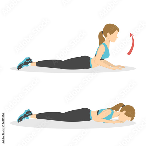 Woman doing back extension exercise. Back stretch