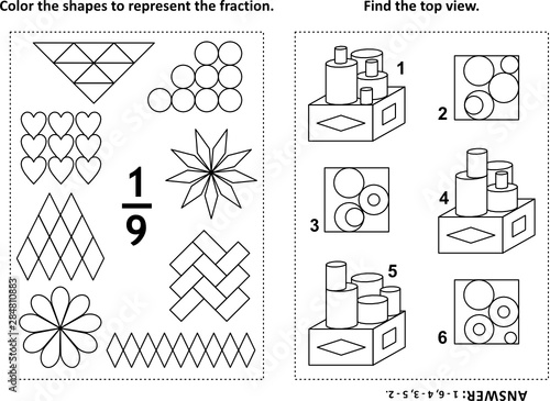 Two visual math puzzles and coloring pages. Color the shapes to represent the fraction. Find the top view. Black and white. Answers included.