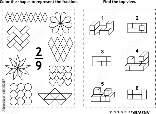 Two visual math puzzles and coloring pages. Color the shapes to represent the fraction. Find the top view. Black and white. Answers included.