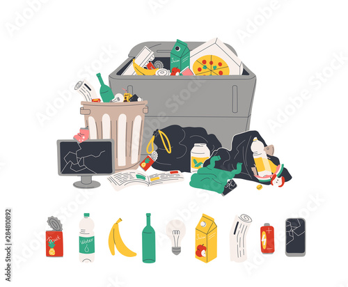 Unsorted garbage in trash containers and bin bags. Plastic, glass, metal, paper, organic waste in dumpster isolated on white background. Rubbish or litter. Flat cartoon colorful vector illustration.