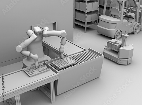 Clay rendering of dual-arm robot assembly motor coils in cell-production space. Collaborative robot concept. 3D rendering image. photo
