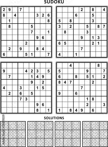 Four sudoku puzzles of comfortable (easy, yet not very easy) level, on A4 or Letter sized page with margins, suitable for large print books, answers included. Set 12.