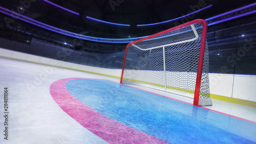 Hockey goal area dynamic closeup in modern sport arena