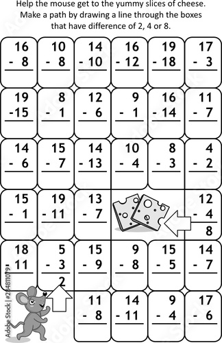Math maze with subtraction facts: Help the mouse get to the yummy slices of cheese. Make a path by drawing a line through the boxes that have difference of 2, 4 or 8. 