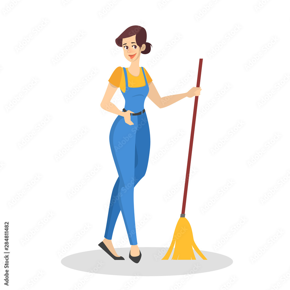 Woman in uniform cleaning the floor with a broom