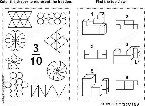 Two visual math puzzles and coloring pages. Color the shapes to represent the fraction. Find the top view. Black and white. Answers included.