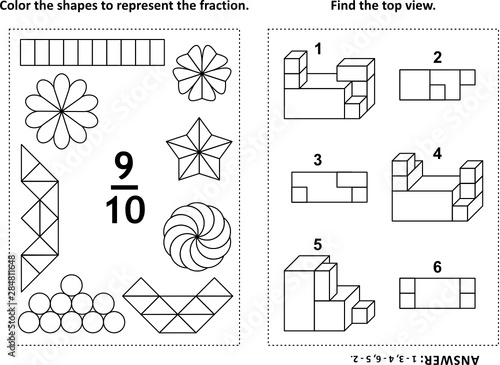 Two visual math puzzles and coloring pages. Color the shapes to represent the fraction. Find the top view. Black and white. Answers included.