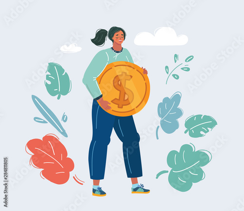 Happy woman embracing big coin
