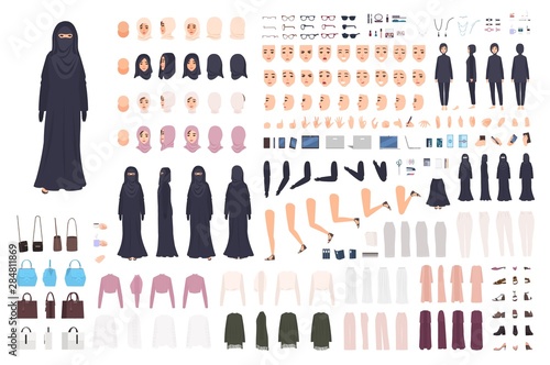 Young Arab woman in burqa constructor set or animation kit. Bundle of female character body parts, emotions, traditional Islamic clothes isolated on white background. Flat cartoon vector illustration.