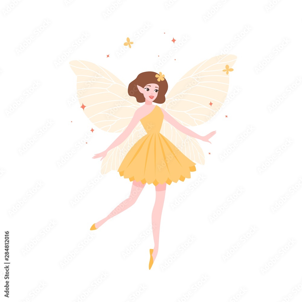 Beautiful fairy in yellow dress and with butterfly wings isolated on white background. Folkloric mythological magical creature, legendary or fairytale character. Flat cartoon vector illustration. Beautiful fairy in yellow dress and with butterfly wings isolated on white background. Folkloric mythological magical creature, legendary or fairytale character. Flat cartoon vector illustration.
