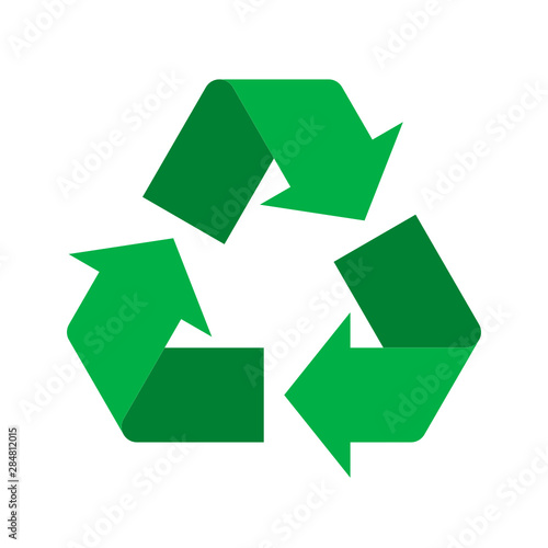 Green recycle symbol. Isolated on white background. Recycle sign or icon. Recycle logo symbolizing reduce, reuse, recycle, concept. Sustainability concept. Vector illustration, flat style, clip art. 