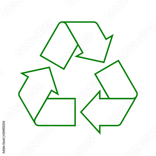 Simple green recycle sign outline. Linear recycle symbol, icon or logo on white background. Label for recyclable products. Reduce reuse recycle concept. Vector illustration, flat style, clip art. 