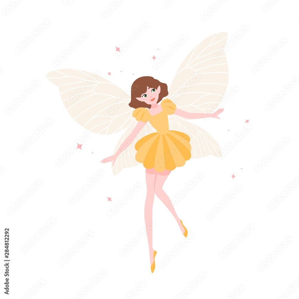 Cute funny fairy or flying elf in elegant dress with butterfly wings isolated on white background. Mythological creature, magical character from fairytales, legends. Flat cartoon vector illustration. Cute funny fairy or flying elf in elegant dress with butterfly wings isolated on white background. Mythological creature, magical character from fairytales, legends. Flat cartoon vector illustration.